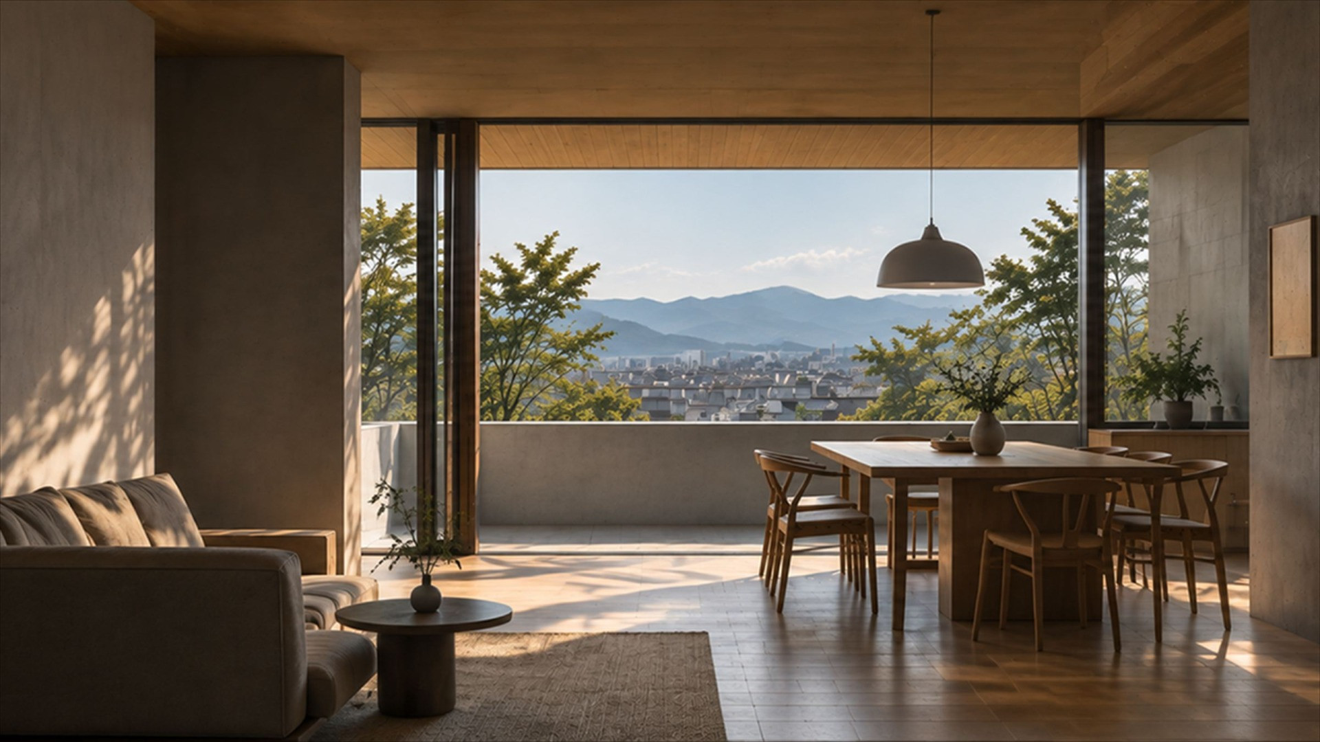 Open plan living and dining room with a mountain view through large windows