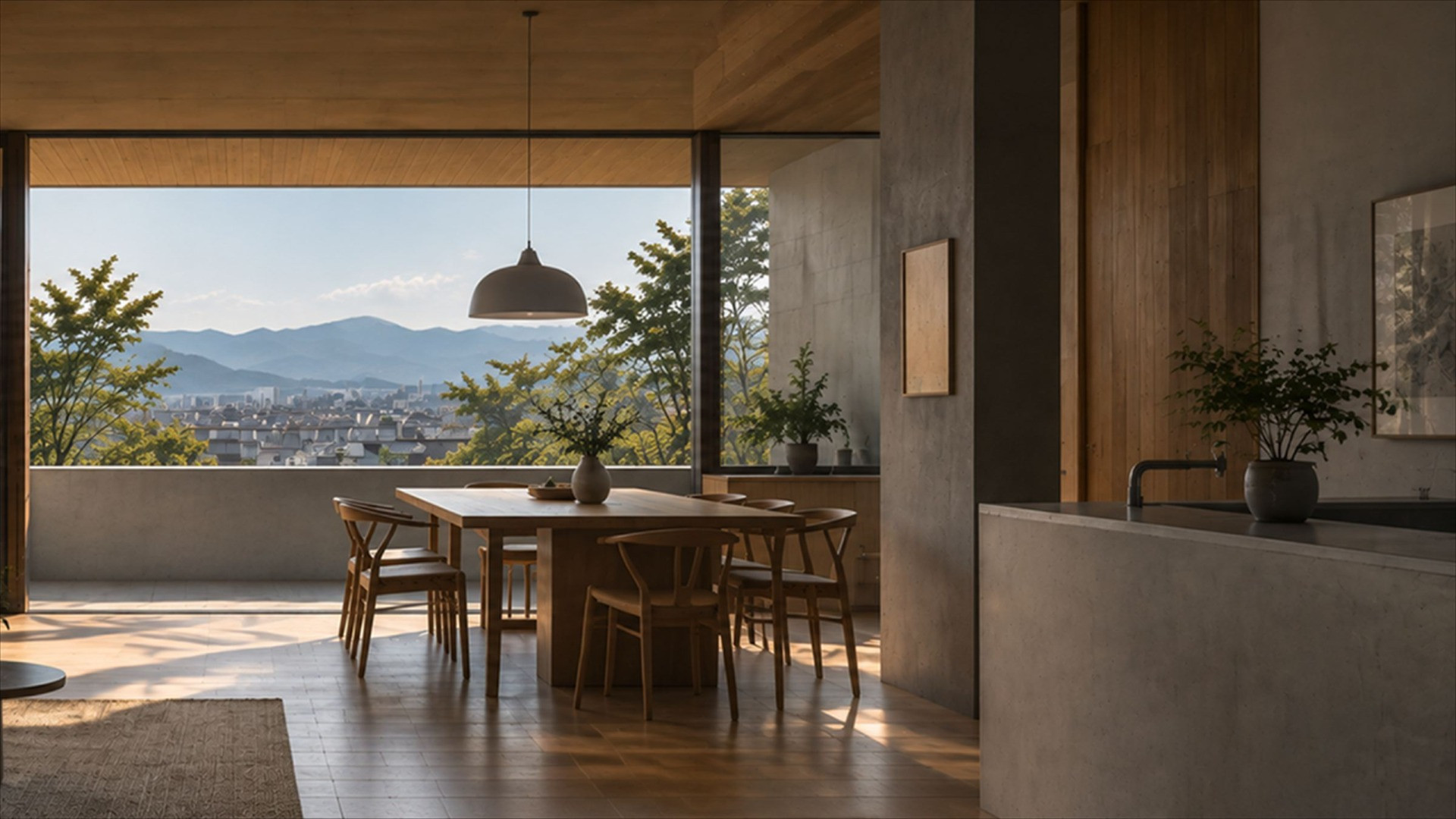 Modern dining room and kitchen with a wooden table and scenic mountain view